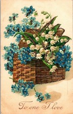 Vintage Victorian Postcard 1910 To One I Love - Basket of Bluette Flowers picture
