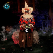 4.5 ANIMATED JUMPSCARE SCARY SITTING SCARECROW WITH CANDY BAG HALLOWEEN PROP2026 picture