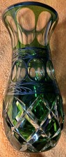 VTG Emerald Green Cut To Clear Bohem?Crystal Vase W/Hand Painted Silver Overlay picture