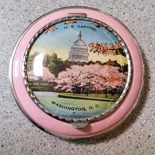Vtg Mid Century Pink Enamel Souvenir Compact US Capitol DC Cherry Blossom picture