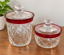 Cranberry Indiana Glass Lattice Pattern Apothecary Jar Set Of 2 Grannycore EUC picture