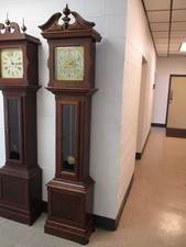 ANTIQUE GRANDFATHER CLOCK  BEVELED GLASS 8 DAY  TIME  STRIKE SWAN TOP 1910 picture