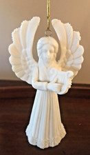Vintage Autom Bisque Angel Playing Harp Christmas Ornament White Snow 4-1/2