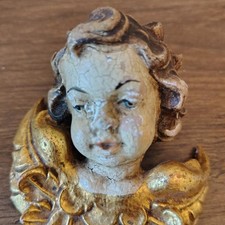 Vtg Hand Carved Cherub Angel Head Gilded Wings 1950s German Oberammergau picture