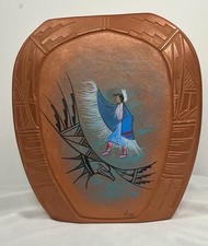 Vintage Hand Painted & Etched Navajo Terracotta-Style Ceramic Vase Signed picture