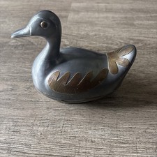 Pewter & Brass Vintage Chinese Duck Shaped Metal Trinket Box Heavy VTG picture