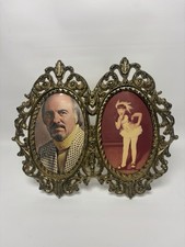 VINTAGE FILIGREE BRASS ORNATE DOUBLE OVAL PHOTO FRAME FREESTANDING W/EASEL picture
