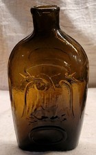 NICE DOUBLE EAGLE FLASK AMBER OLIVE COLOR NICE CRUDE CROOKED w BUBBLES HALF PINT picture