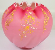 Antique Mt Washington Hand Blown Satin Pink Art Glass Yellow Enamel Rose Bowl picture