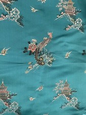 Vintage Fou Wah Silk Fabric Remnant Pure Silk 30x62 In. Turquoise Blue Hong Kong picture