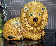 Vintage Ceramic Lion Figurine Retro Flower Power MCM Folk Art Kitsch 10 Inch picture