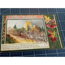 Vintage 1909 Thanksgiving Postcard Autumn Landscape Embossed Leaves picture