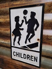 VINTAGE CHILDREN PLAYING SIGN OLD CAST IRON SCHOOL KIDS PLAYGROUND YARD PARK 12