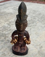 Vintage Yoruba Style Female Figure Nigeria Wood Cowrie Shells Crested Coiffure picture