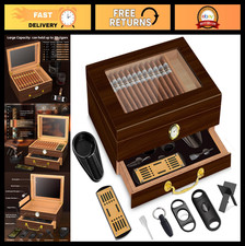 Cedar Cigar Humidor Box with Glass Cover, Humidifier & Accessories - Portable De picture