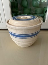 Rare Old Hull Beehive Blue Stripe Container with Lid 6” Tall Age Staining READ picture