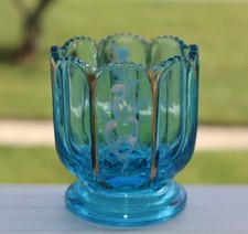NATIONAL GLASS COMPANY EAPG BLUE NESTOR TOOTHPICK HOLDER WITH ENAMELED PATTERN picture