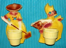 2 Vtg Morton Pottery Ceramic Wall Planter Pocket Pot Sunbonnet Figure Watering picture