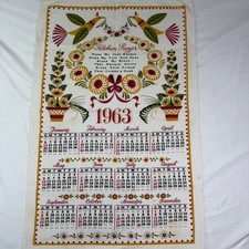 Vintage 1963 Linen Calendar Tea Towel Kitchen Prayer Folk Art Birds Floral picture