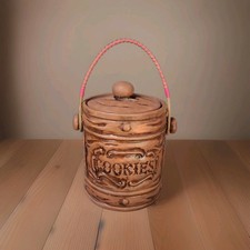  Vintage Two Toned Brown Ceramic Cookie Jar Canister With Lid/ Bamboo Handle picture