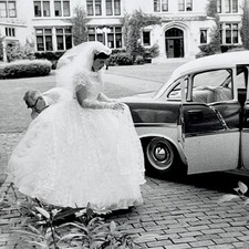 1950s Beautiful Bride Wedding Gown Getting Into Car Stunning Vtg Snapshot Photo picture
