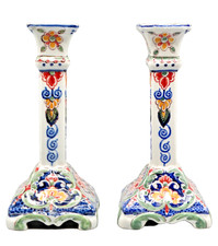 Antique Dutch Delft Makkum Polychrome Candle Holders Candlesticks, Pair picture