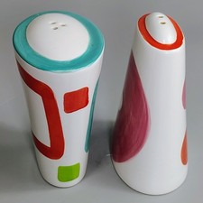Vtg Mid Century Modern Abstract Geometric Ceramic Salt Pepper Shakers Whimsical picture