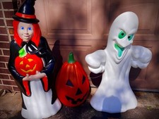 Vintage Halloween Blow Mold Ghost Pumpkin & Witch Lot of 3 Yard Decor with cord  picture