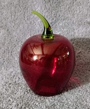Vintage Hand Blown Art Glass Red Apple Fruit Paperweight MCM 4.5” picture