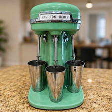 Hamilton Beach 940 Green 3-Head Vintage Milkshake Drink/Malt Mixer w/ Cups picture