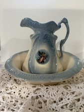 Iron Stone Vintage Blue And White Pitcher and Water Basin (small paint chip) picture