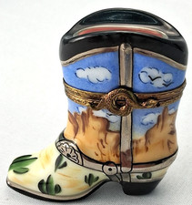 Atelier De Limoges France Hand Painted Porcelain Cowboy Boot Trinket Box picture