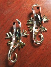2pcs Lizard figurine hand blown clear Glass art gold trim 3.25 in decor GIFT picture
