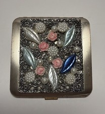 Vintage Dorset Fifth Ave Bejeweled Powder Compact W/ Faux Pearls 3” No Puff picture