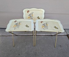 Vintage MCM Quaker Set of 3 Folding Fiberglass TV Trays Tables Butterfly Floral picture