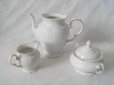 Royal Kent Poland Embossed White Gold Coffee Tea Pot Creamer & Sugar Bowl Set picture