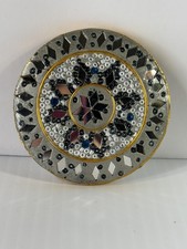 Vintage Gold Light Blue Beaded Mosaic Pocket Mirror Made in India picture