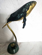 Whale Metal Sculpture Figurine w/ Green Stone Base, Metallic Finish, 3D picture
