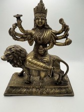Brass Goddess Durga Seated On Lion 9.5 Inches picture