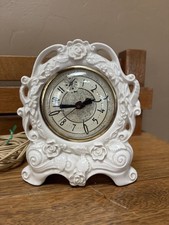 VTG 1950’s  Lanshire Self Starting Mantle Clock Opal White Ceramic Roses Wks picture