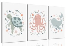 Wodkwq Ocean Nursery Wall Art Set Of 3 Sea Animal Baby Boys Room Canvas Prints picture