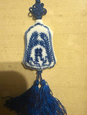 Japanese Blue & White Ceramic Hanging Necklace with Blue Tassel, Framed picture