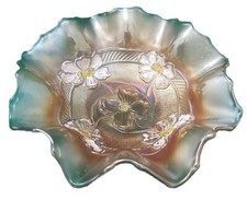 Dugan Marigold Carnival Glass Apple Blossom Ruffled Candy Dish Bowl Iridescent picture