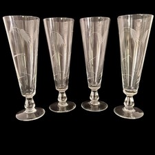 Vintage Etched Wheat Pilsner Glasses Set of 4 Clear Glass Tapered Flute 8.25in picture