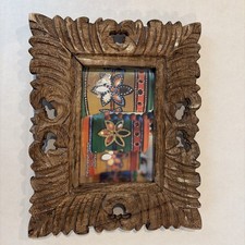 Ornate Hand Carved Wood Standing Frame With Glass 4x6” Made In India picture