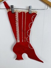 VTG Wool Felt Victorian Style Boot Christmas Stocking Red Lace Sewn Bejeweled picture