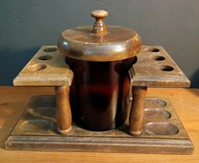 VTG Wooden 6 Pipe Stand w/ Amber Glass Humidor Jar w/ Lid, Rectangle, 3ea. Side picture