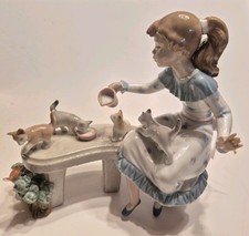 1993 Lladro 6109 Meal Time - Young Girl Feeding Kitty Cats Cream On Bench No Box picture
