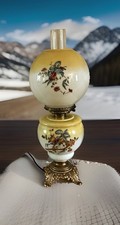 Fostoria / P. L. B. & G. Co. GWTW Oil Lamp With Yellow And Red Floral 21” picture
