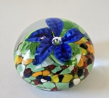 Blue Floral Art Glass Paperweight Controlled Bubble VTG Large 3.5